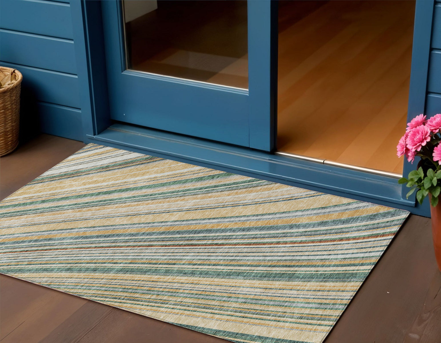 3 X 5 Beige Gold And Sage Striped Washable Indoor Outdoor Area Rug