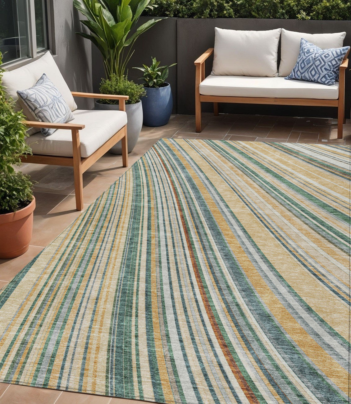 5 X 8 Beige Gold And Sage Striped Washable Indoor Outdoor Area Rug