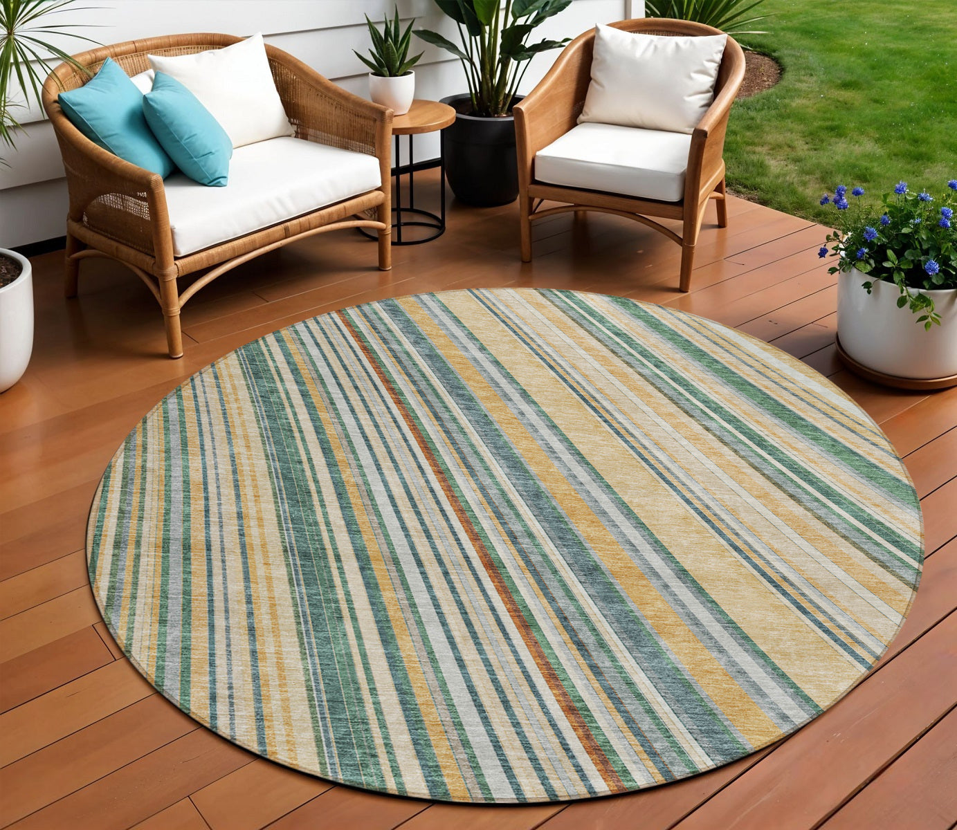 8 Beige Gold And Sage Round Striped Washable Indoor Outdoor Area Rug