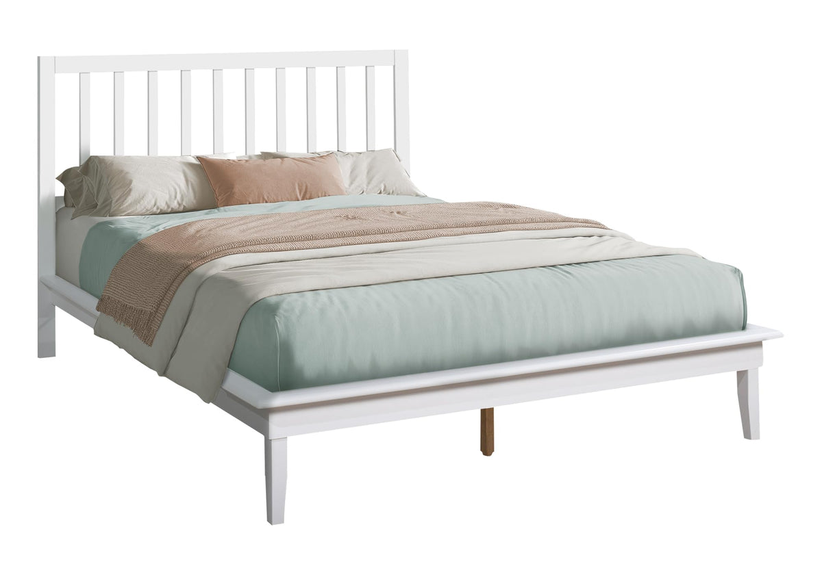 Monarch Specialties I 6061Q Bed, Platform Bed, Queen Size, Frame Only, Bedroom, White Wood Frame, White Wood Legs, Contemporary, Modern