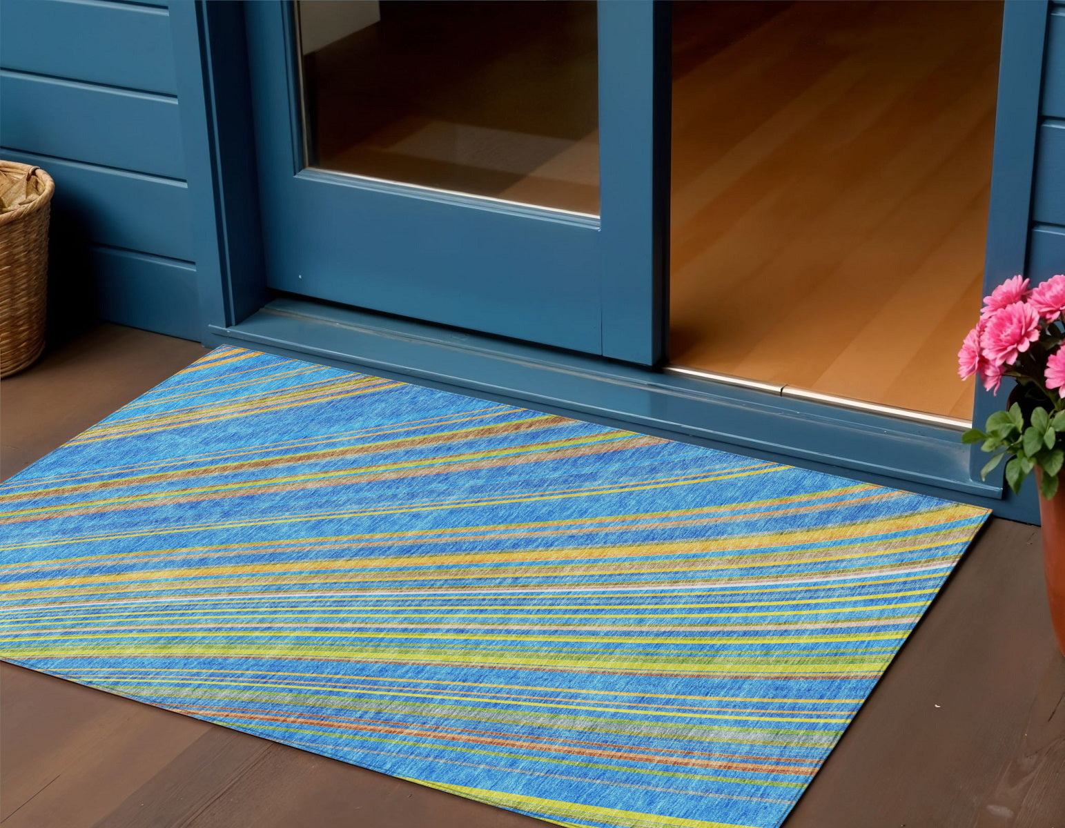 3 X 5 Denim Blue Sky Blue And Gold Striped Washable Indoor Outdoor Area Rug