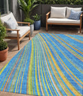 5 X 8 Denim Blue Sky Blue And Gold Striped Washable Indoor Outdoor Area Rug