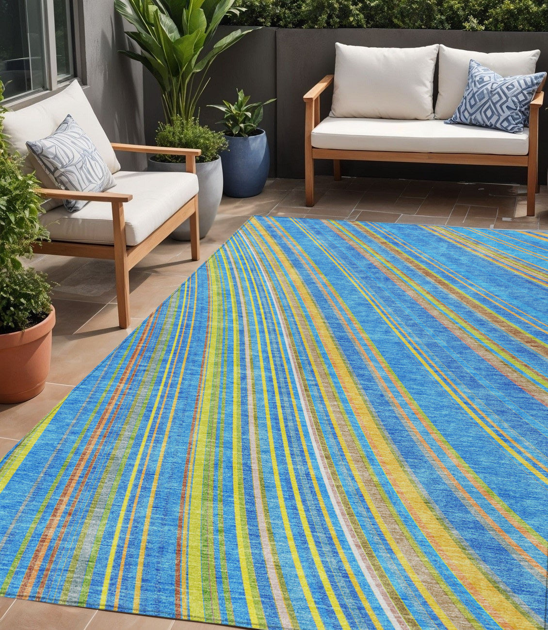 5 X 8 Denim Blue Sky Blue And Gold Striped Washable Indoor Outdoor Area Rug