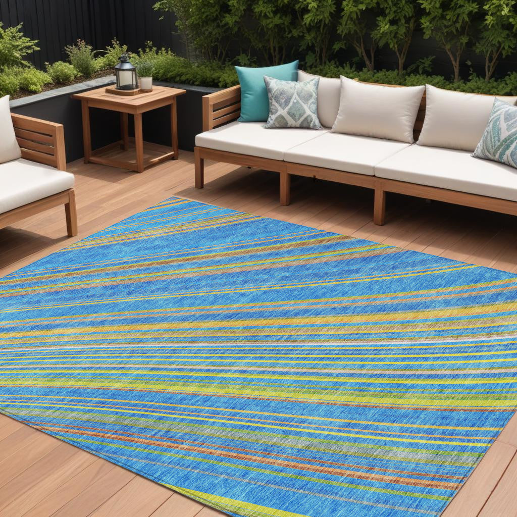 8 X 10 Denim Blue Sky Blue And Gold Striped Washable Indoor Outdoor Area Rug