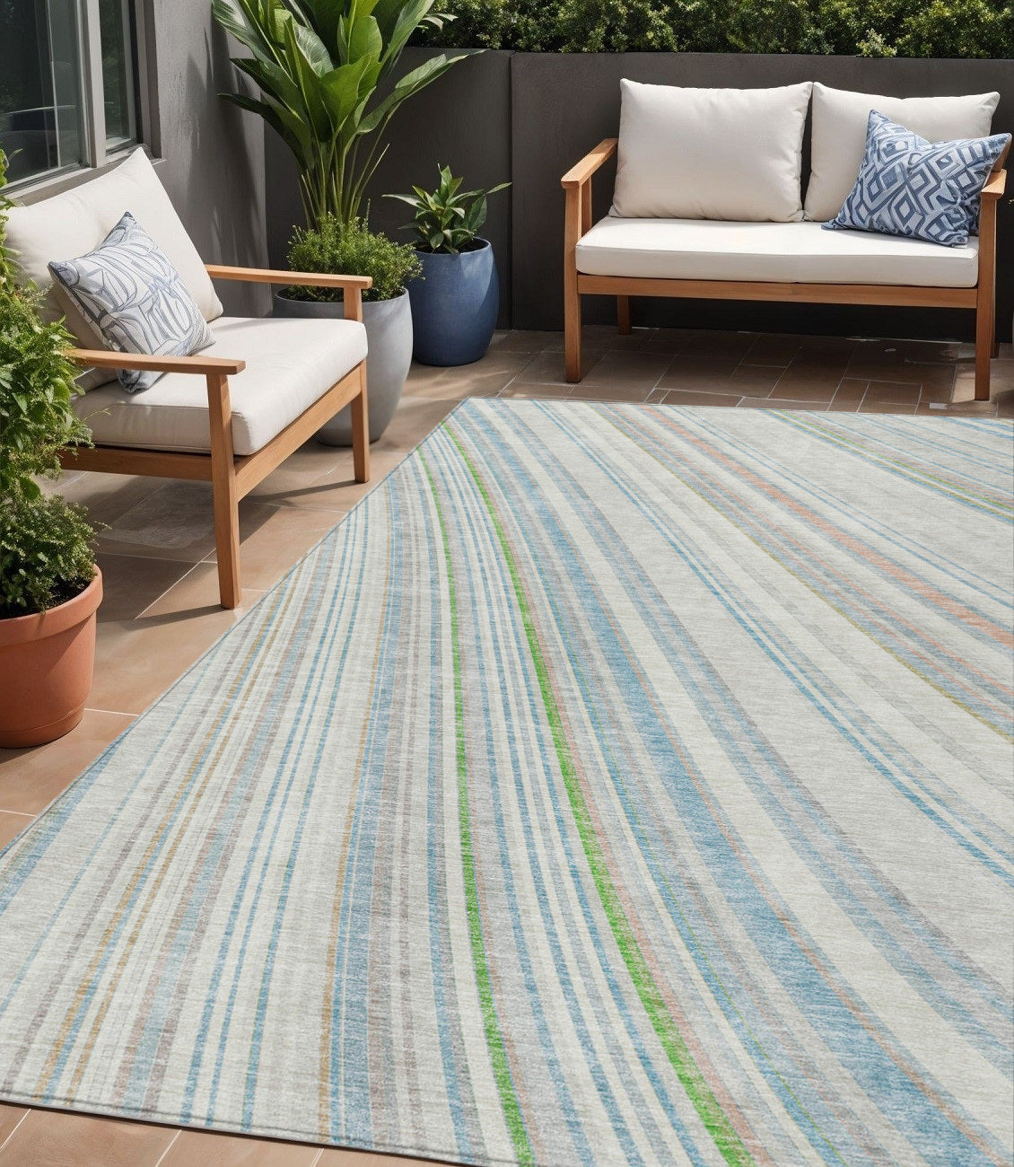 5 X 8 Ivory Blue And Green Striped Washable Indoor Outdoor Area Rug
