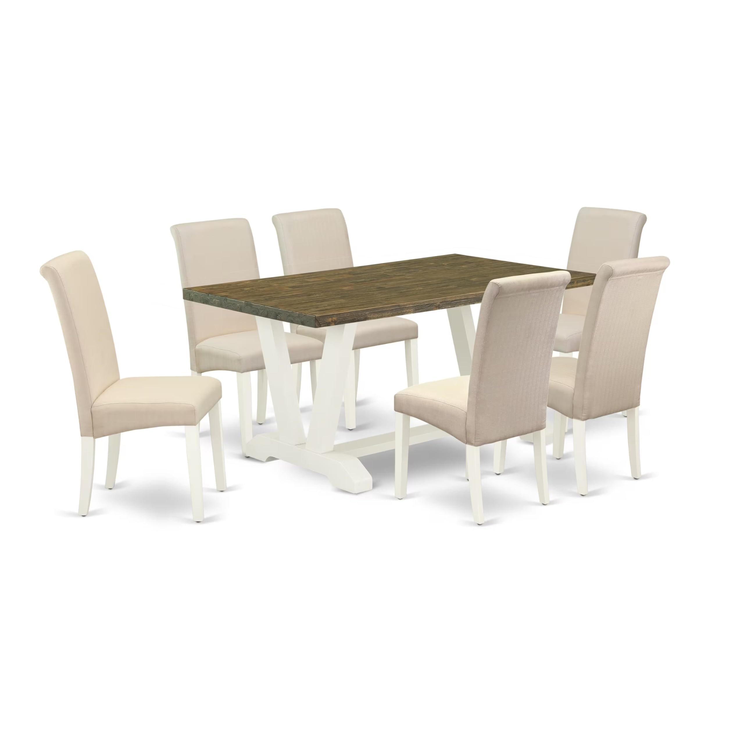 East West Furniture V076Ba201-7 7 Piece Dining Set Consist Of A Rectangle Dining Room Table With V-Legs And 6 Cream Linen Fabric Upholstered Parson Chairs, 36X60 Inch, Multi-Color