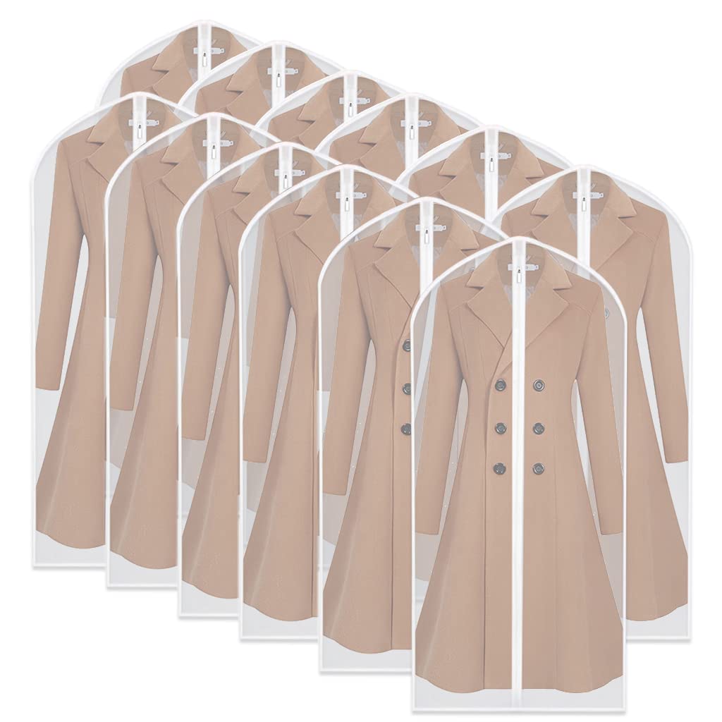 HomeClean Garment Bag, Set of 12 Breathable PEVA Covers with Zipper, Dust-Free Clothes Storage for Wardrobe and Travel, White
