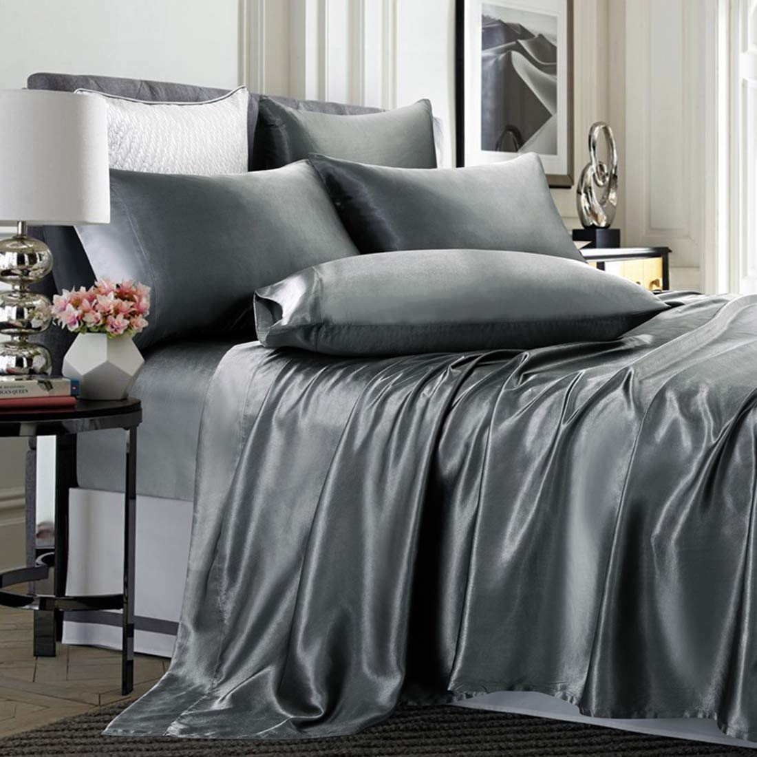 Treely 4 Piece Satin Sheets Twin Size Silky Smooth Grey Satin Sheet Set With Deep Pocket, Satin Fitted Sheet, Flat Sheet, 2 Sati