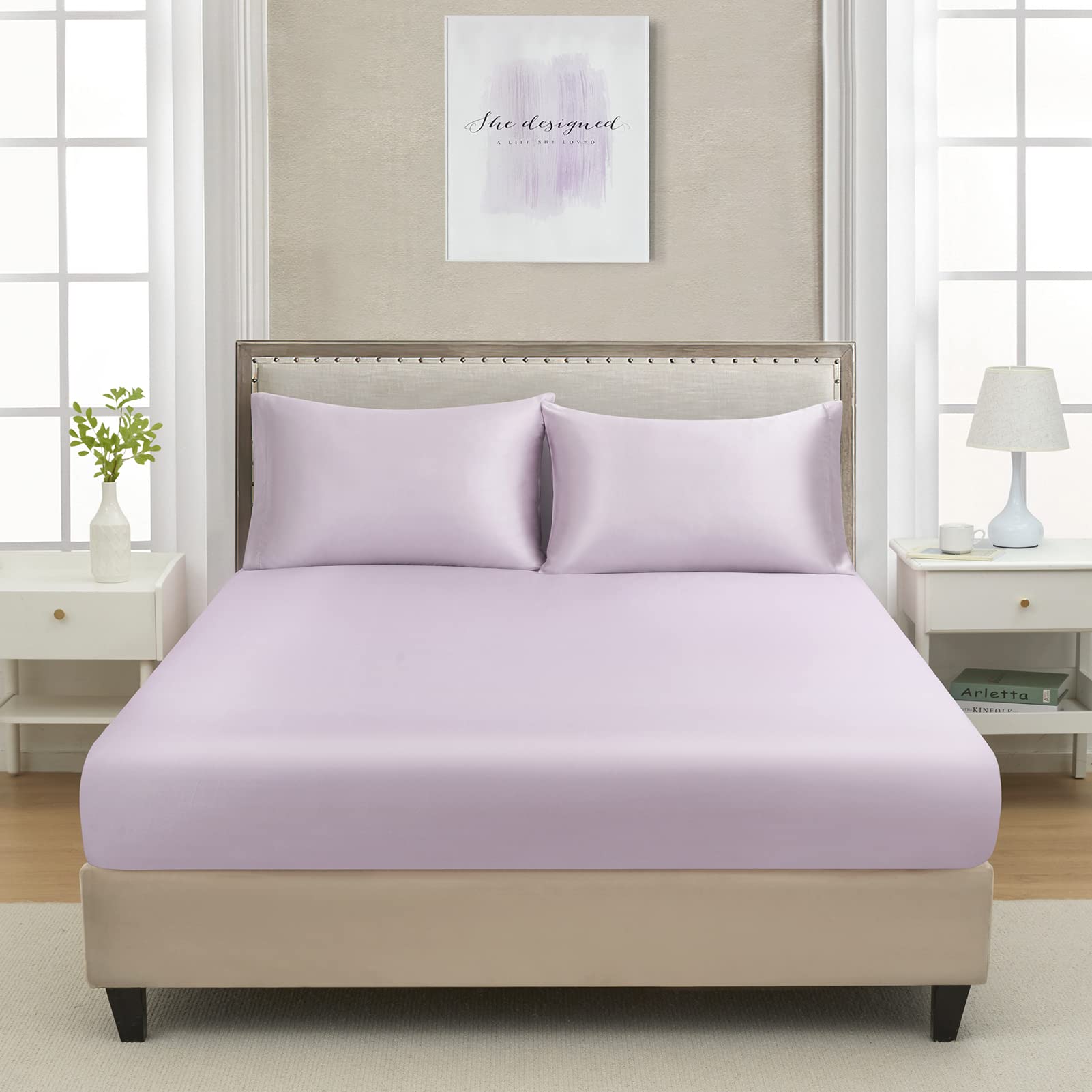 Twin Extra Long Silk Satin Fitted Sheet, Soft Deep Pocket Single Bottom Bed Sheets Sold Separately, Wrinkle Free, Non- Fading, B