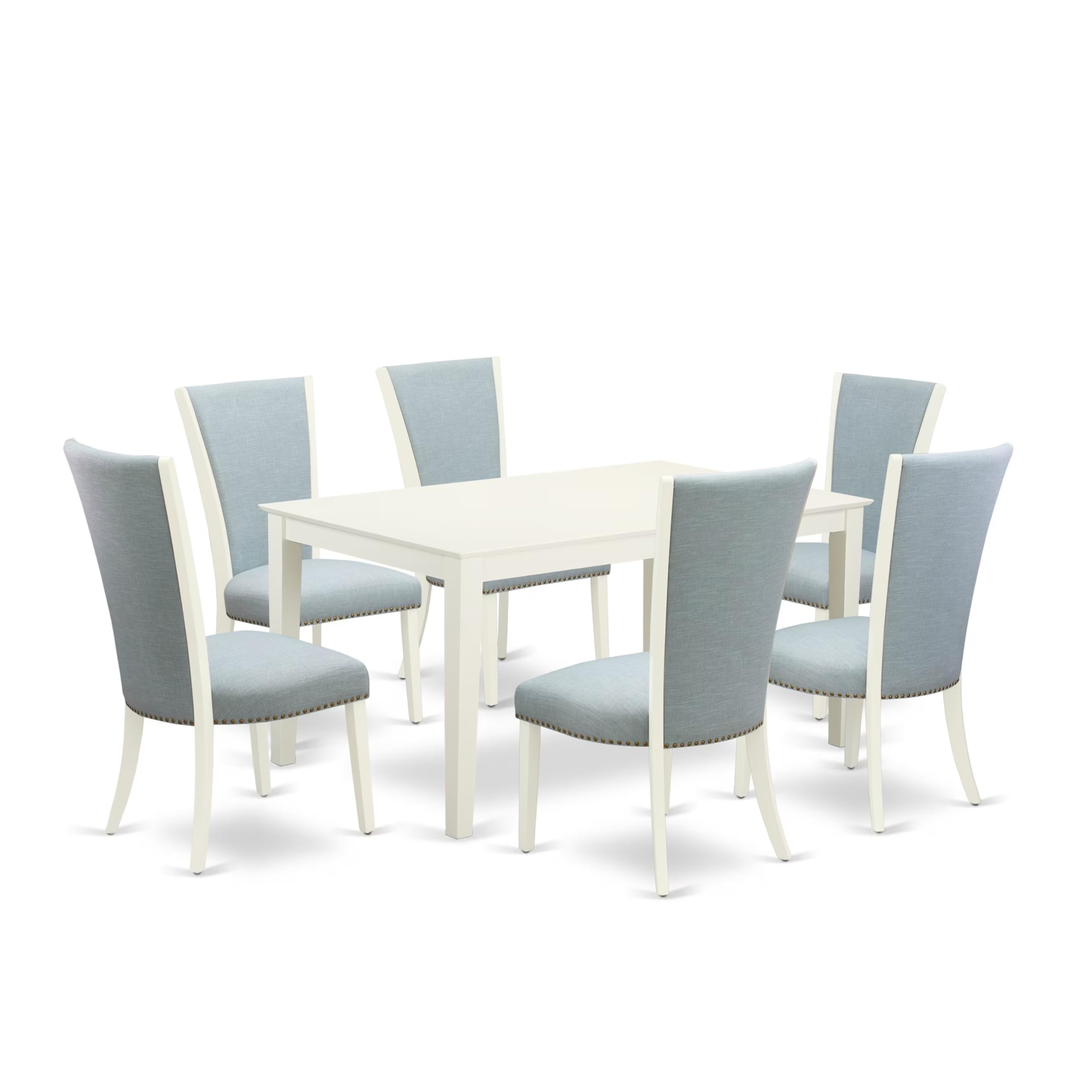 East West Furniture Cave7-Lwh-15 7 Piece Kitchen Table & Chairs Set Consist Of A Rectangle Dining Room Table And 6 Baby Blue Linen Fabric Parsons Dining Chairs, 36X60 Inch, Linen White