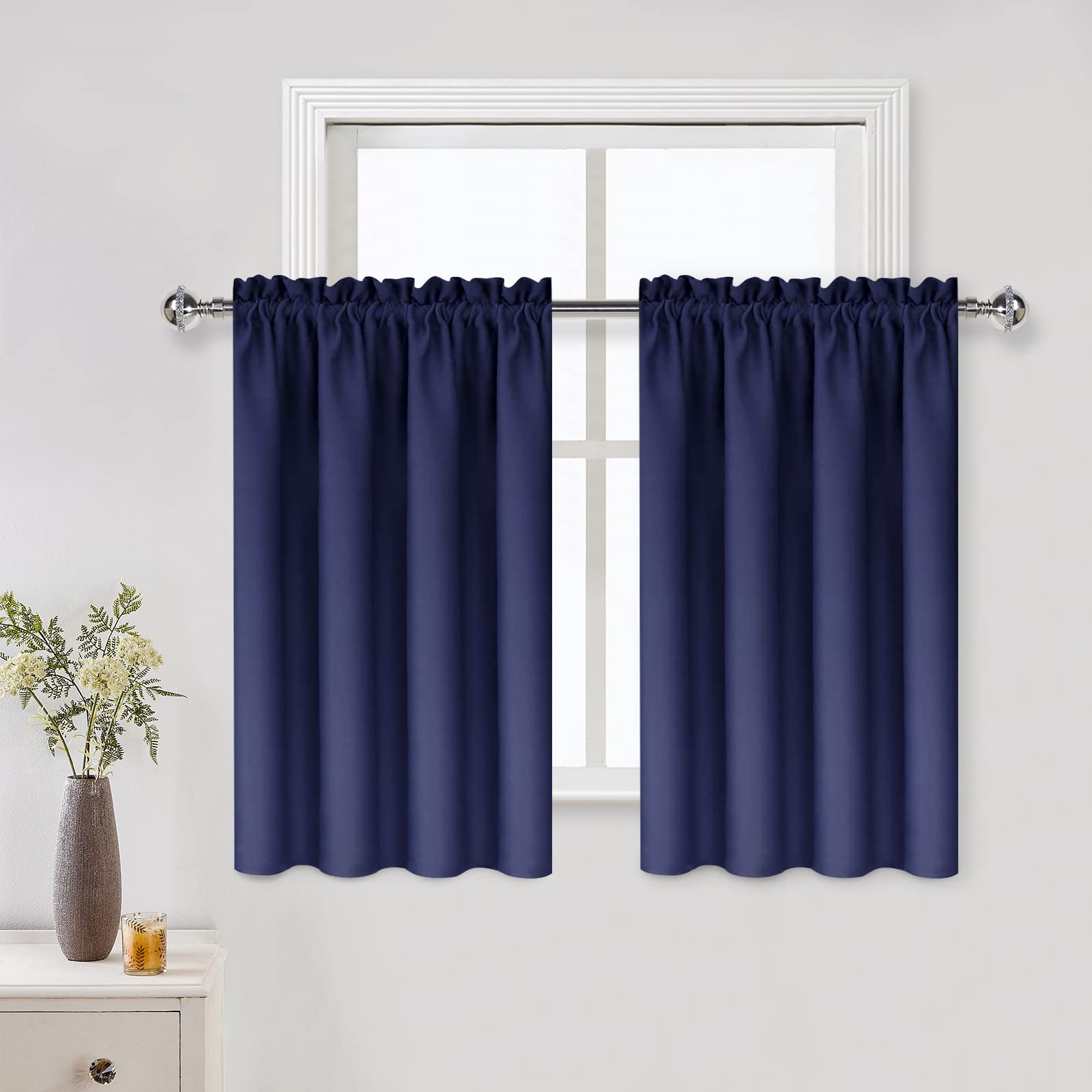 Dwcn Navy Blue Short Blackout Curtains For Small Window, Thermal Insulated Energy Saving Room Darkening Curtains For Kitchen/Bed