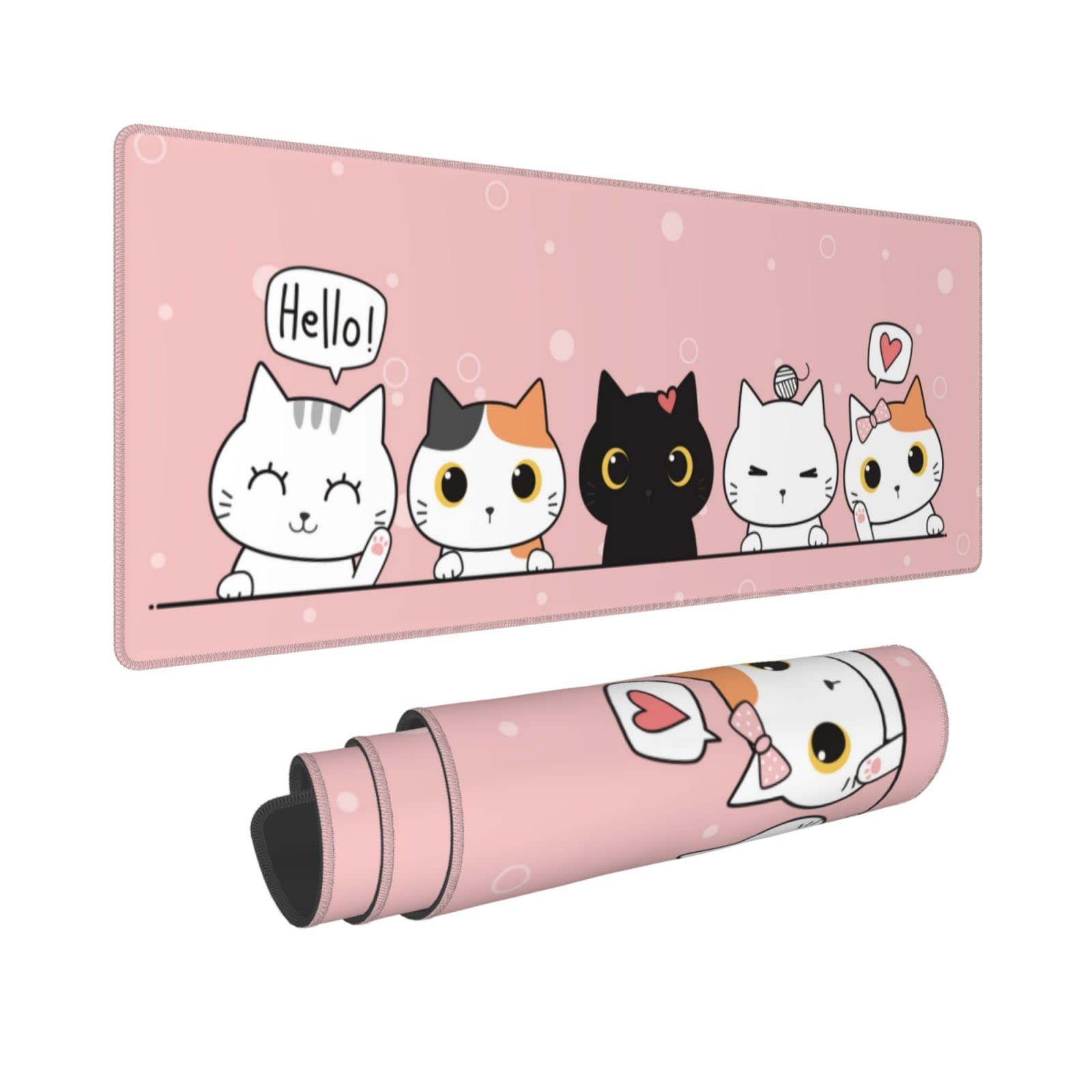 Pink Cute Kittens Cat Gaming Mouse Pad Xl, Non Slip Rubber Base Mousepad, Stitched Edges Desk Pad, Extended Large Mice Pad,31.5
