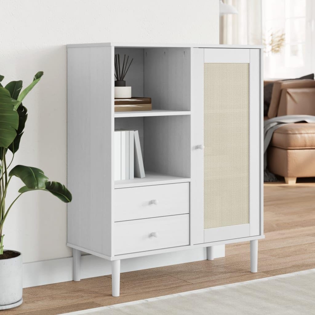 vidaXL Highboard SENJA, Solid Pinewood with UV Varnish Finish, White Large Storage Sideboard with Poly Rattan Look Surface, Dimensions 35.4&quot;x15.7&quot;x44.1&quot;