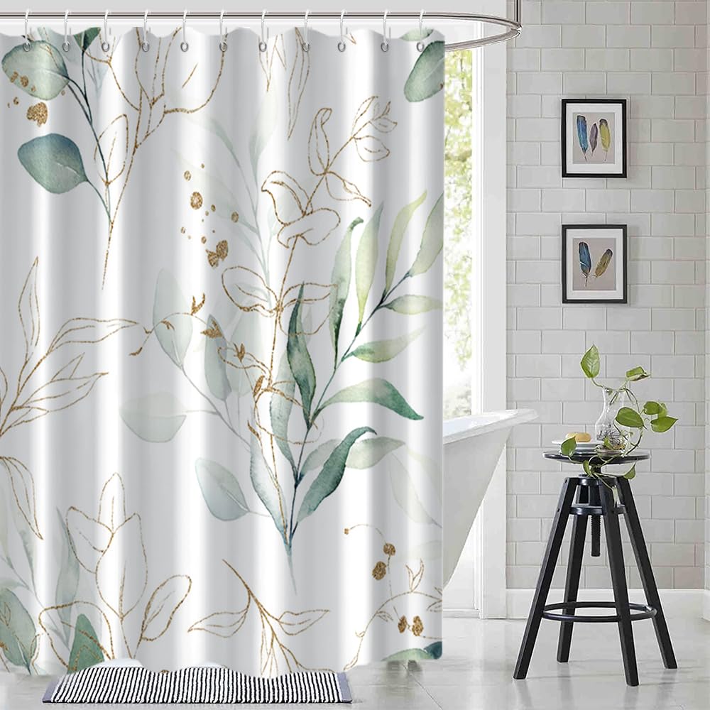Ruelvth Sage Green Eucalyptus Shower Curtain, Spring Plant Leaves Shower Curtain Waterproof Fabric Watercolor Green and Gold Sho