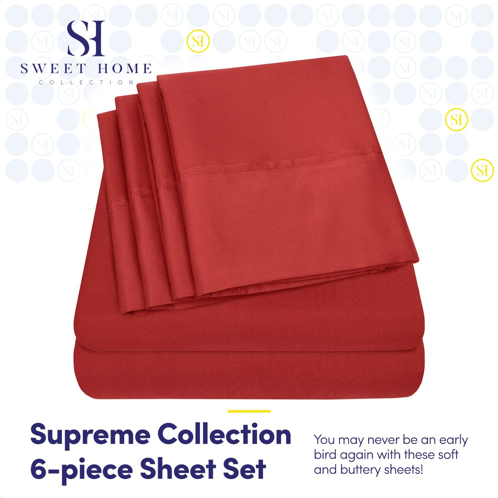 Sweet Home Collection 6 Piece 1500 Supreme Collection Brushed Microfiber Deep Pocket Sheet Set-2 Extra Pillow Cases, Great Value, Rv Short Queen, Samba Red