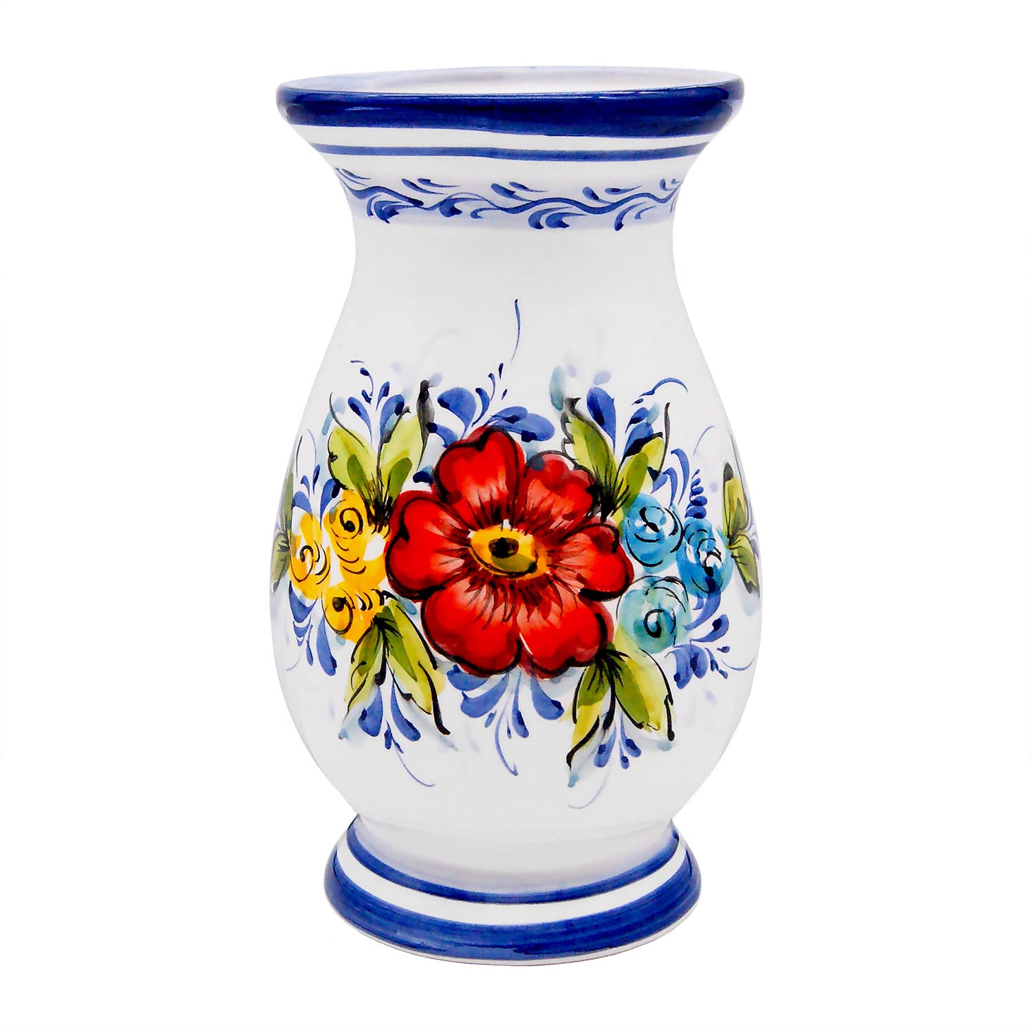 Faireal Hand Painted Portuguese Pottery Ceramic Decorative Flower Vase Made in Portugal, 5.5 x 5.5 x 9.5 inches, (AVID-82)