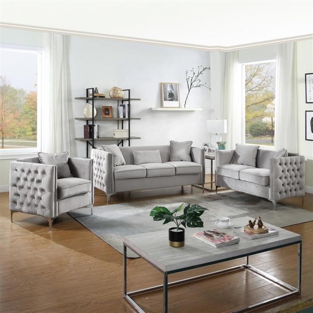 Lilola Home Bayberry Gray Velvet Sofa Loveseat Chair Living Room Set