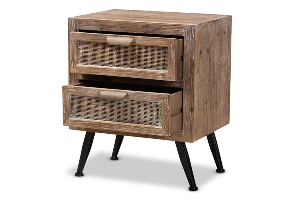 Baxton Studio Calida Mid-Century Modern Whitewashed Natural Brown Finished Wood and Rattan 2-Drawer Nightstand
