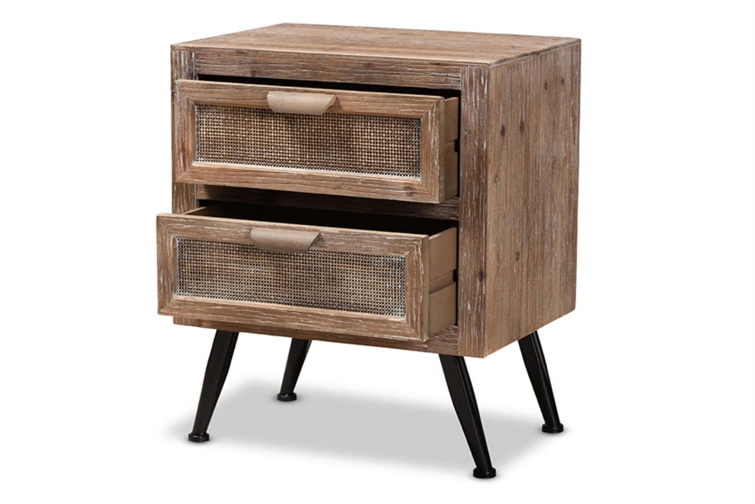 Baxton Studio Calida Mid-Century Modern Whitewashed Natural Brown Finished Wood and Rattan 2-Drawer Nightstand
