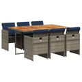 vidaXL Patio Dining Set with Cushions - 7 Piece Gray Poly Rattan Garden Furniture - Compact Storage - Comfortable Seating