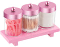 Pink Qtip Holder Bathroom Set - 3 Pack Apothecary Jars with Metal Lids and Vanity Tray.Bathroom Organizers and Storage, Cute Van