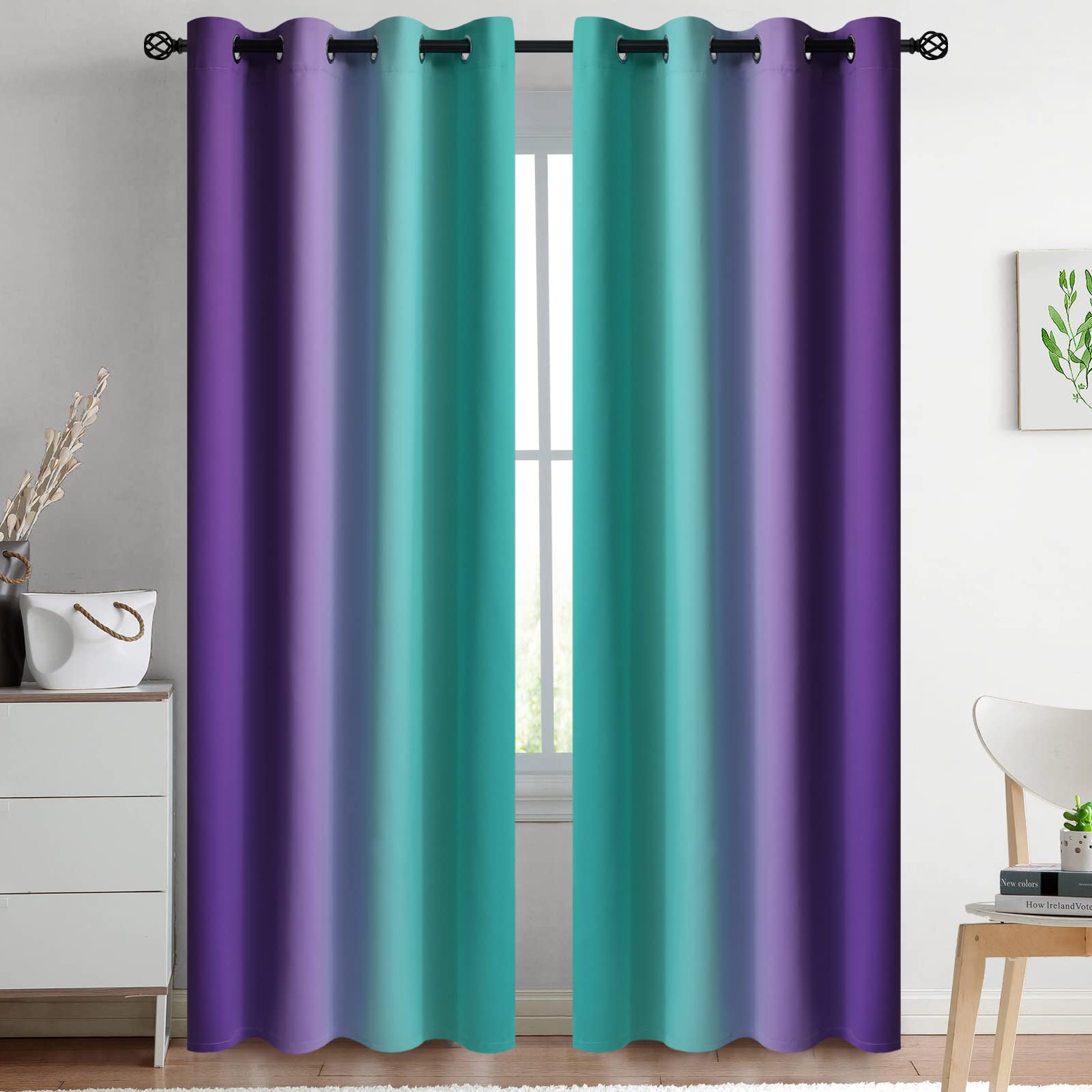 Yakamok Ombre Teal And Purple Curtains For Bedroom, Gradient Room Darkening Curtains 84 Inches Long,Grommet Thermal Insulated Li