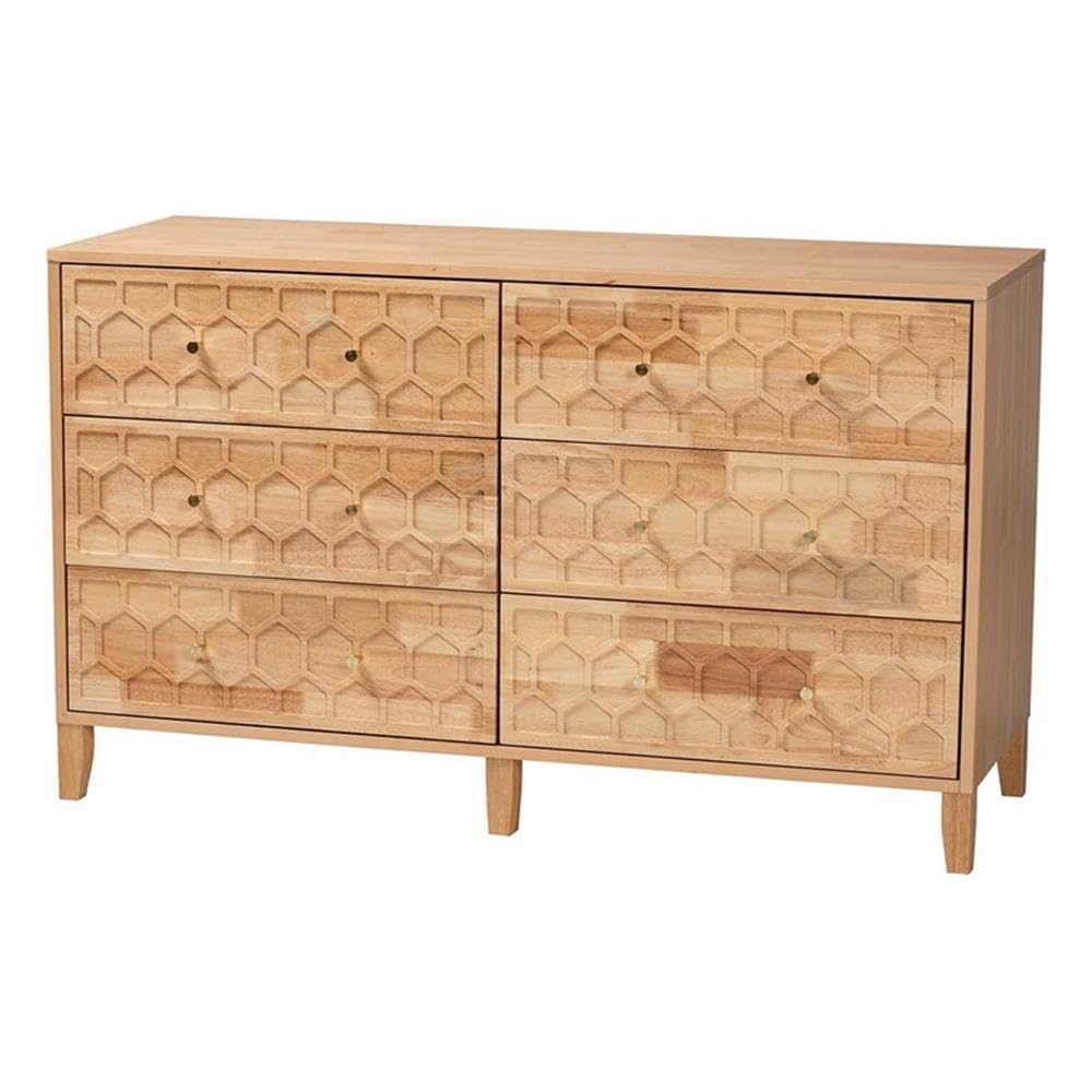 Baxton Studio Hosea Carved Honeycomb Natural 6 Drawer Dresser