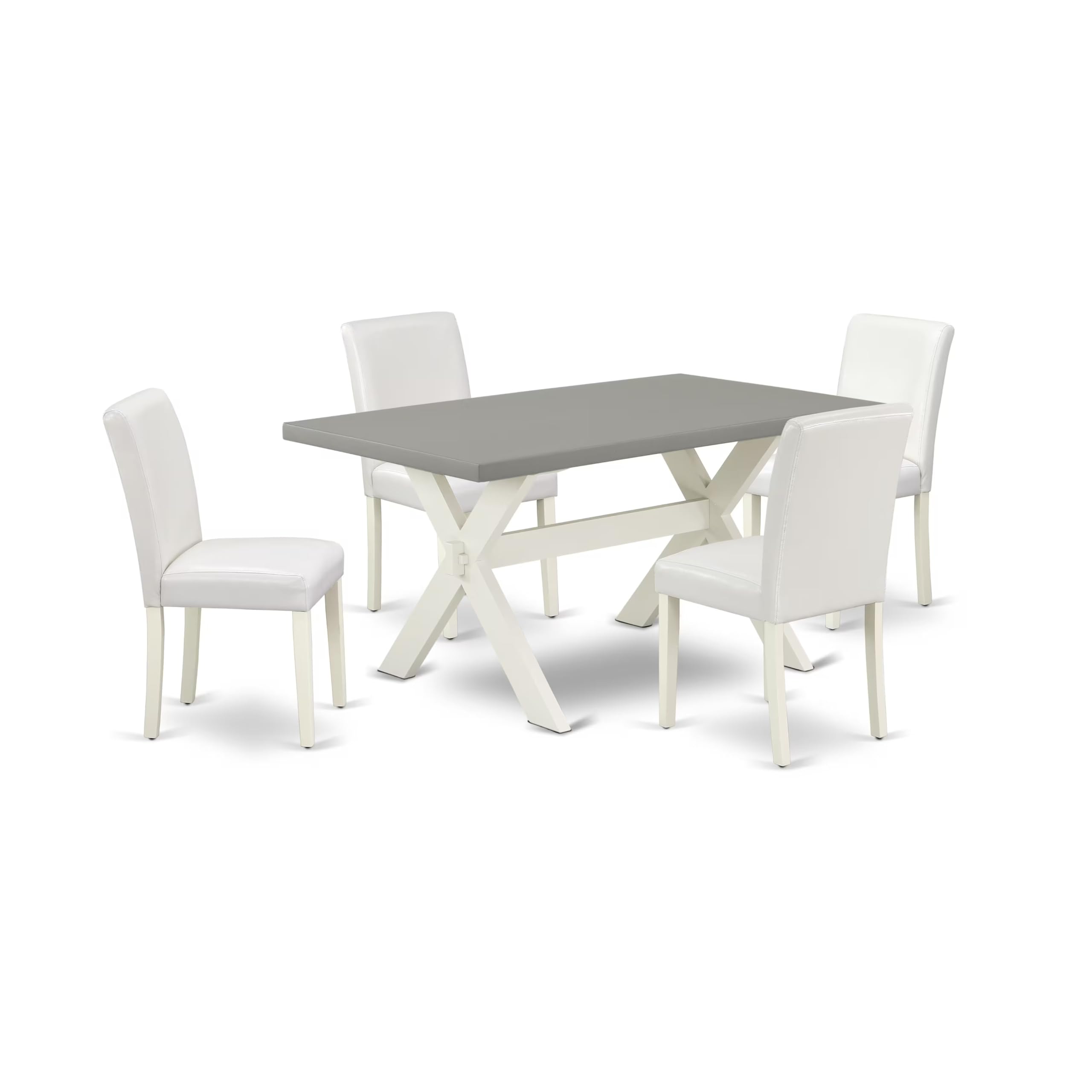 East West Furniture X096Ab264-5 5 Piece Modern Dining Table Set Includes A Rectangle Wooden Table With X-Legs And 4 White Faux Leather Parsons Dining Chairs, 36X60 Inch, Multi-Color