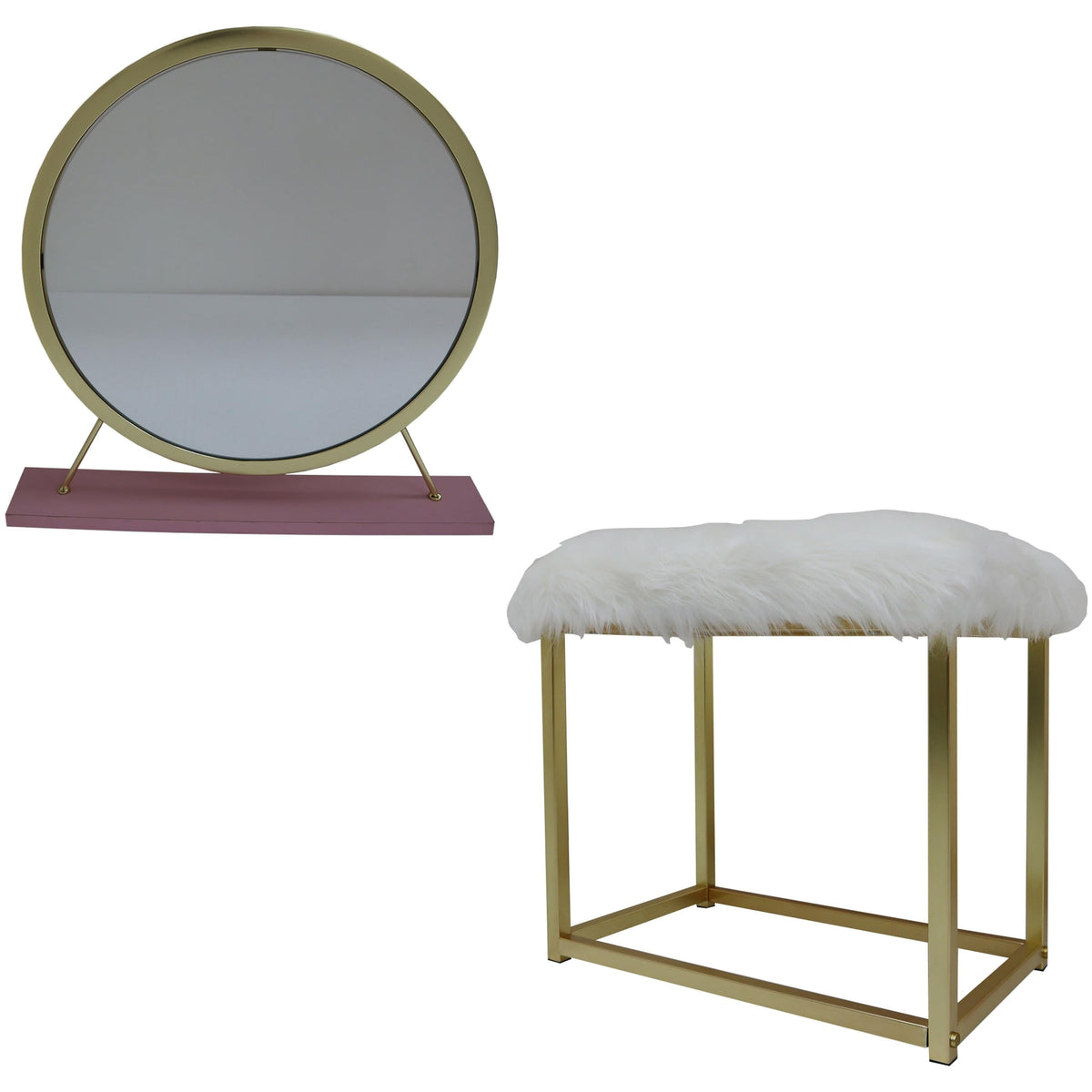 Acme Adao Vanity Mirror & Stool in Faux Fur Mirror Pink & Gold Finish