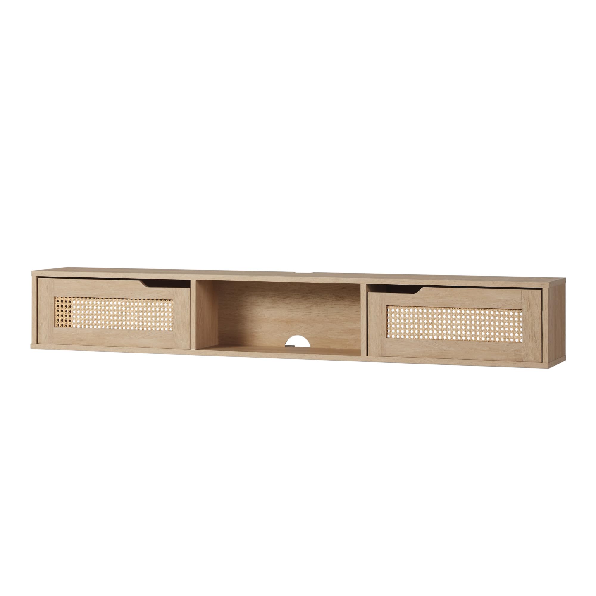 Walker Edison Modern Rattan Flip-Down-Door Wall-Mounted Floating Stand For Tvs Up To 65 Inche, 58 Inch, Coastal Oak