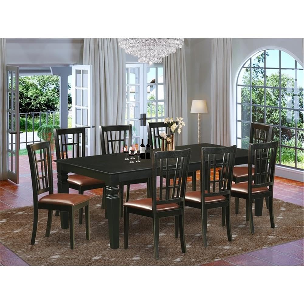 East West Furniture LGNI9-BLK-LC 9 Piece Kitchen Table & Chairs Set Includes a Rectangle Dining Room Table with Butterfly Leaf and 8 Faux Leather Upholstered Chairs, 42x84 Inch, Black
