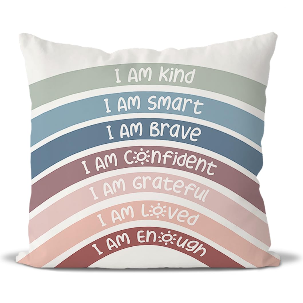 Qiyuhoy Rainbow Classroom Throw Pillow Covers, Book Center Calming Corner Playroom Decor Pillow Case, Crimson Pillow Cover, I Am
