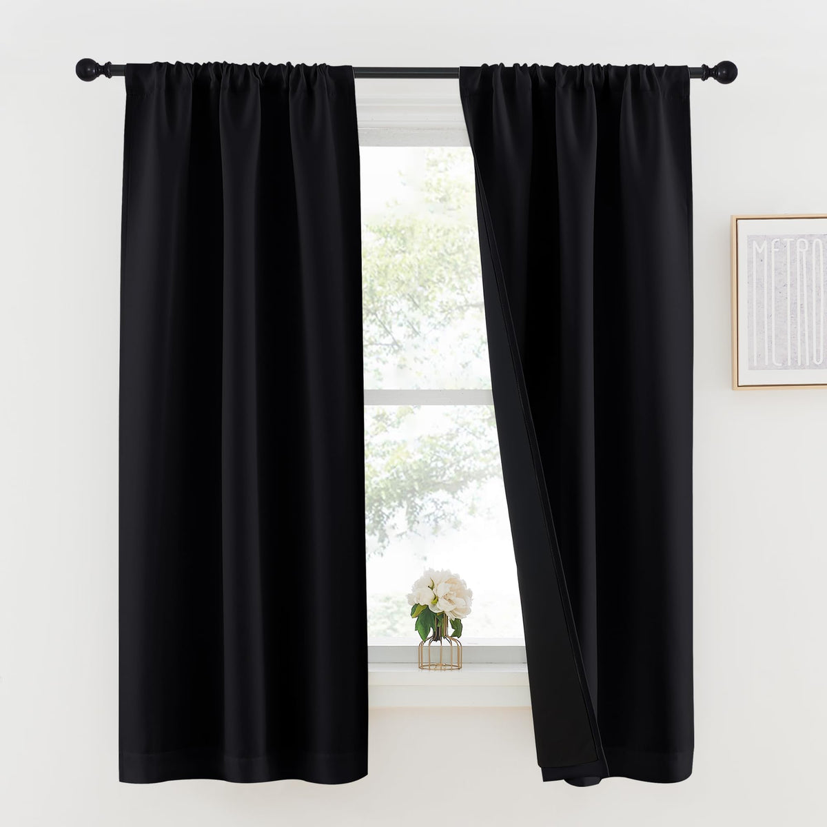 Nicetown Black 100% Blackout Lined Curtains, 2 Thick Layers Completely Blackout Rod Pocket Thermal Insulated Drapes For Kitchen/