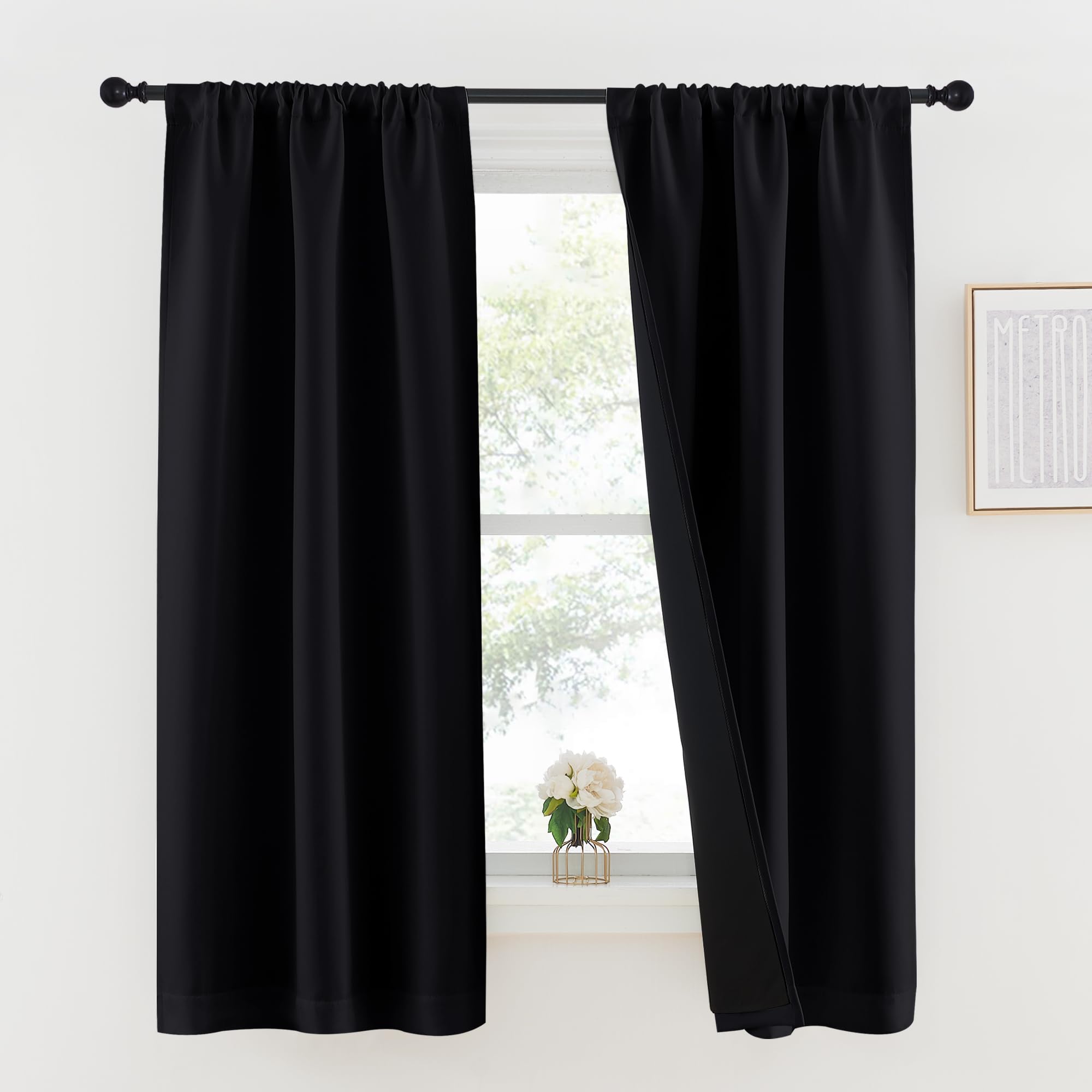 Nicetown Black 100% Blackout Lined Curtains, 2 Thick Layers Completely Blackout Rod Pocket Thermal Insulated Drapes For Kitchen/
