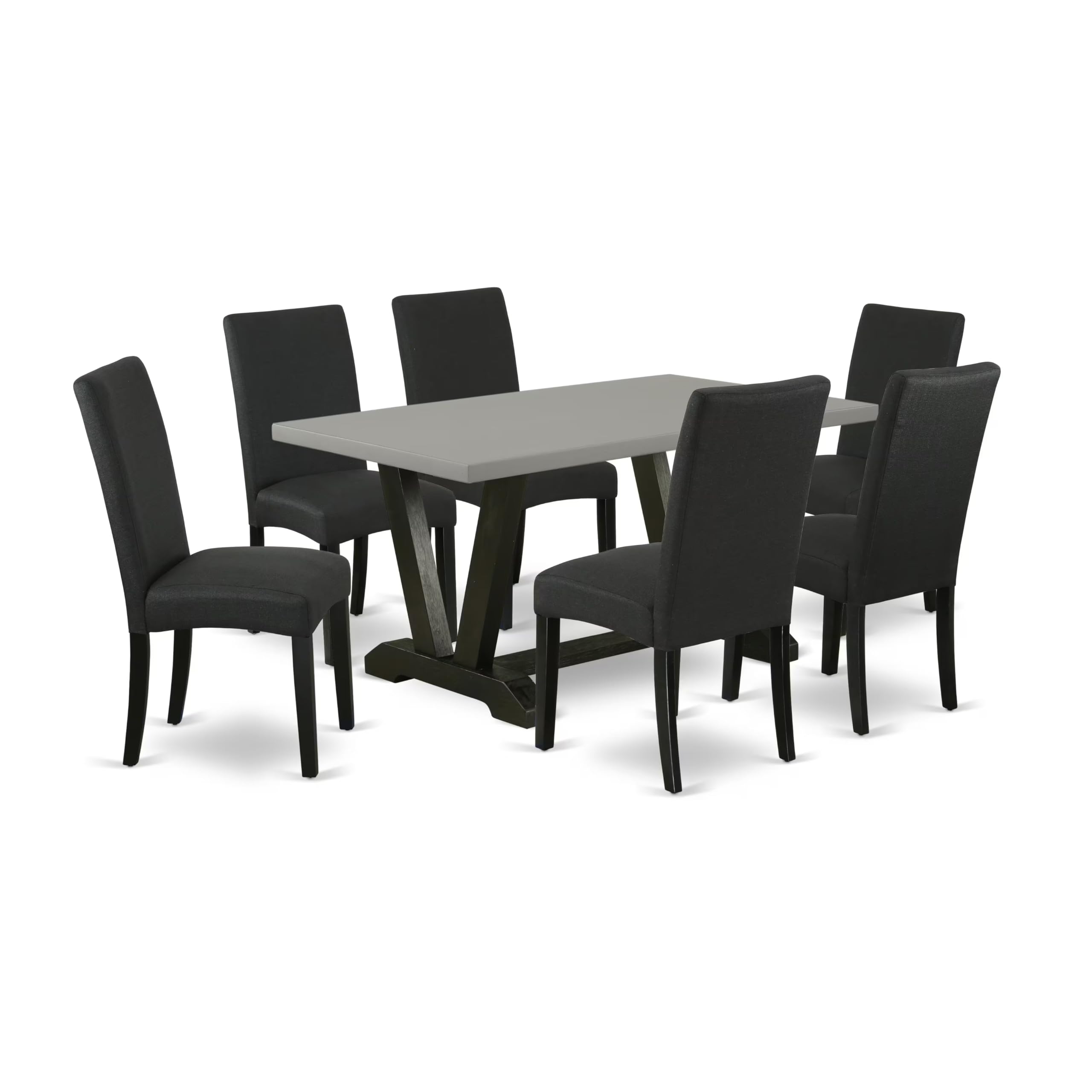 East West Furniture V696Dr124-7 7 Piece Dining Table Set Consist Of A Rectangle Dining Room Table With V-Legs And 6 Black Color Linen Fabric Upholstered Chairs, 36X60 Inch, Multi-Color