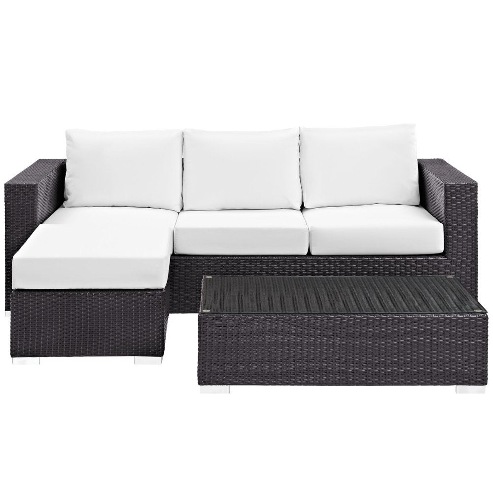 Modway Convene Wicker Rattan 3-Piece Outdoor Patio Furniture Sofa Set In Espresso White