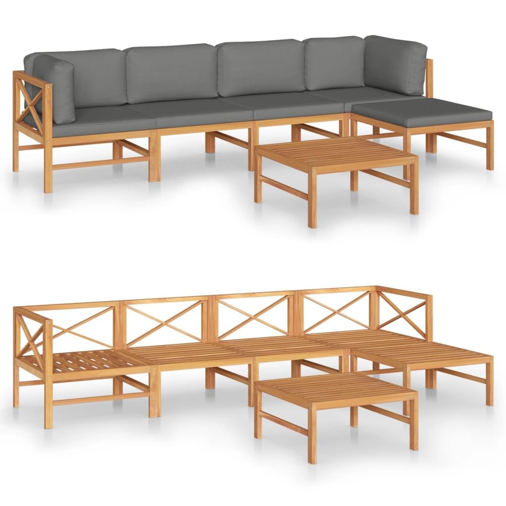 vidaXL Patio Lounge Set 7 Piece, Patio Furniture Set for Outdoor, Sectional Sofa with Gray Cushions, Corner Sofa, Retro Style, Solid Teak Wood