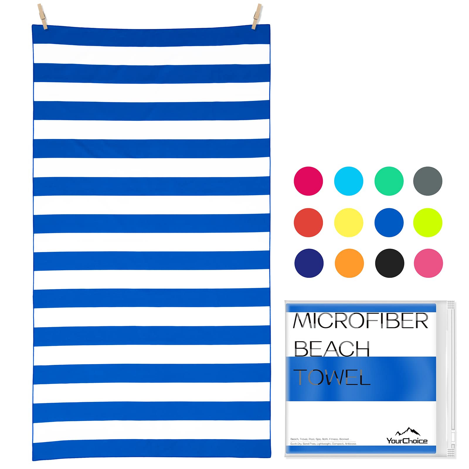 Your Choice Microfiber Beach Towels, Beach Towels for Adults, Sand Free Beach Towel Quick Dry Travel Towel Camping - Blue and Wh
