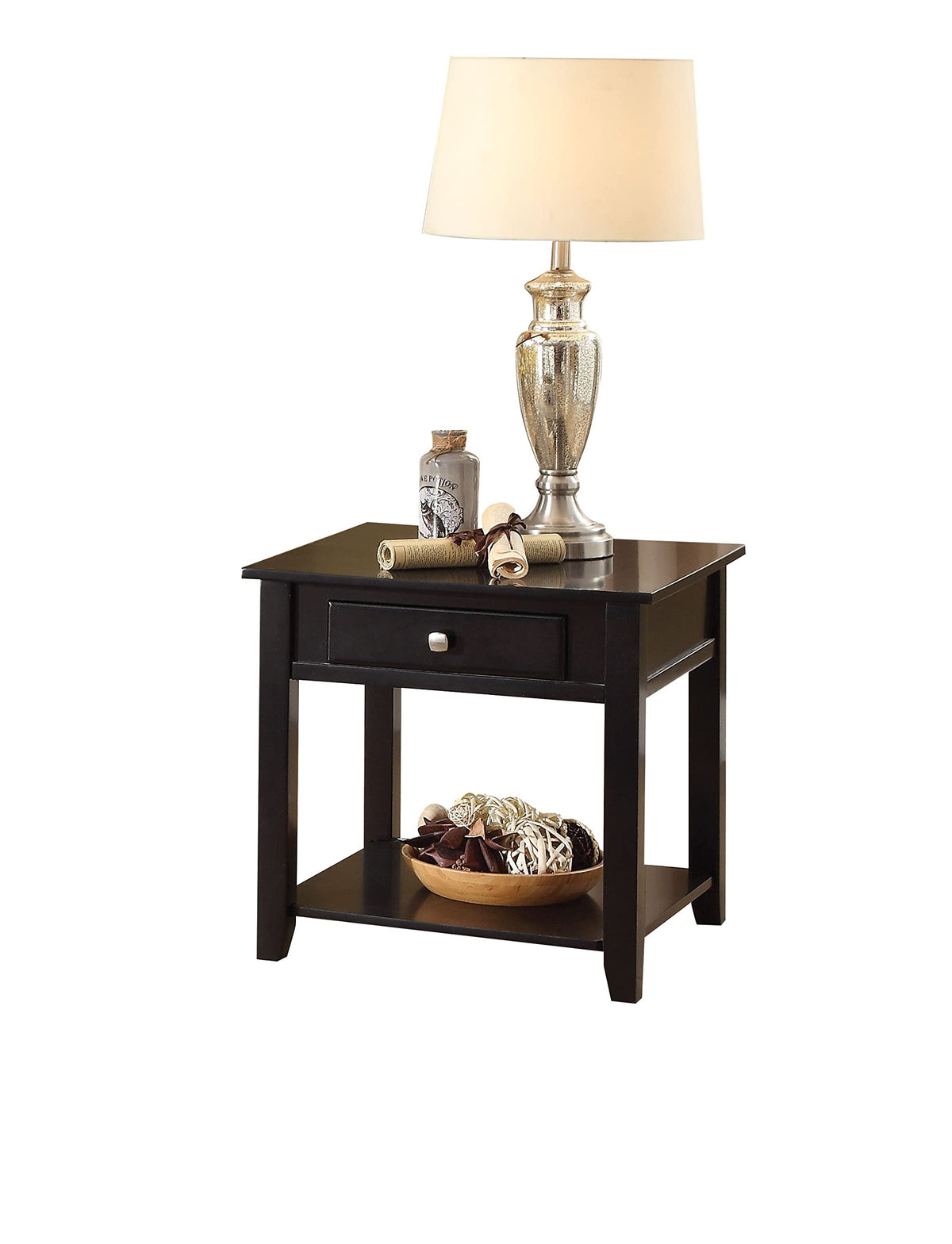 HomeRoots 22&quot; Black Manufactured Wood Square End Table with Drawer with Shelf