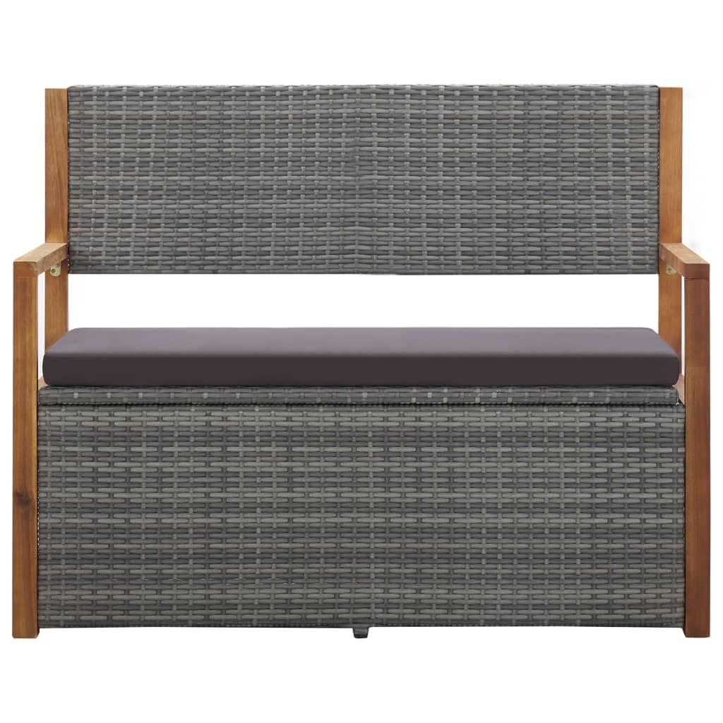 vidaXL Patio Storage Bench - Poly Rattan & Solid Acacia Wood - Gray - Comfortable Cushioned Seating - Ample Internal Storage Space