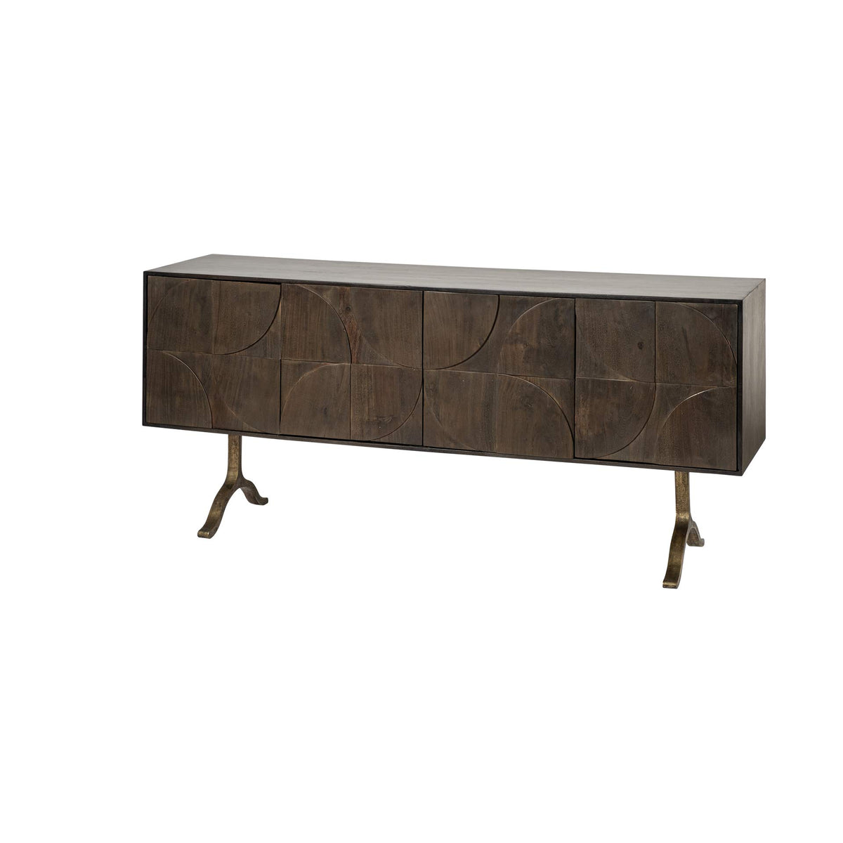 HomeRoots Dark Brown, Antiqued Gold Indian Mango Wood, Iron Brown Solid Mango Wood Finish Sideboard with 4 Cabinet Doors