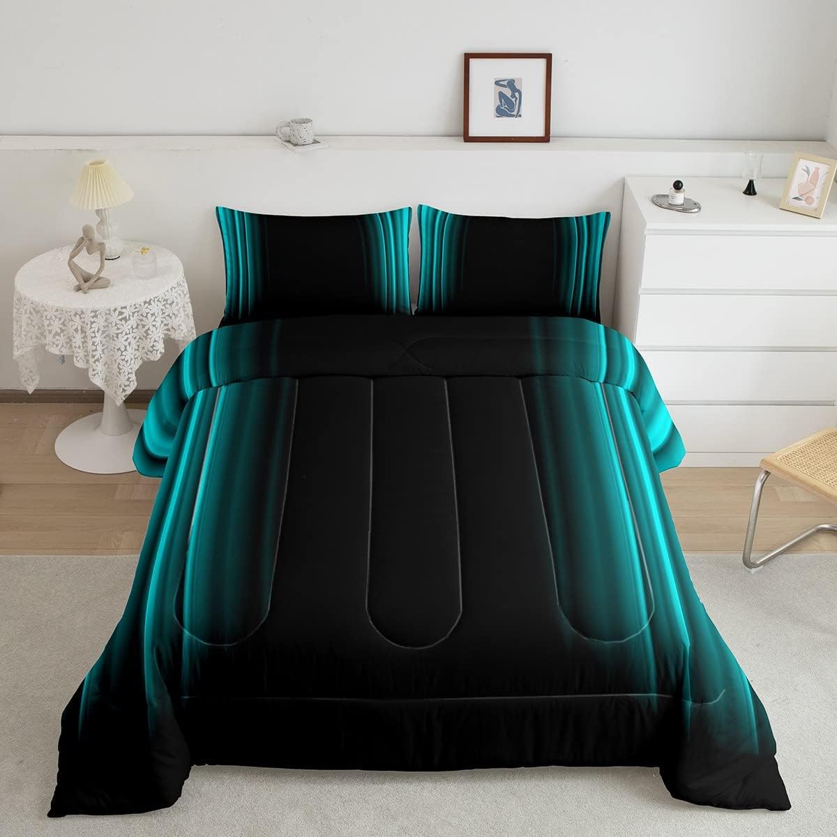 Geometric Abstract Ombre Comforter Set Kids Teens Teal And Black Striped Bedding Bed Set Decor Modern Fashion Comforter Inner Fi