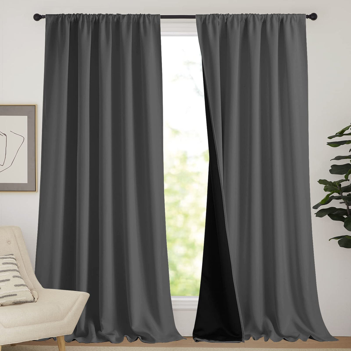 Nicetown Total Shade Curtains And Draperies, Grey Blackout Bedroom Curtains, Heavy-Duty Rod Pocket Drapes With Black Liner Backi