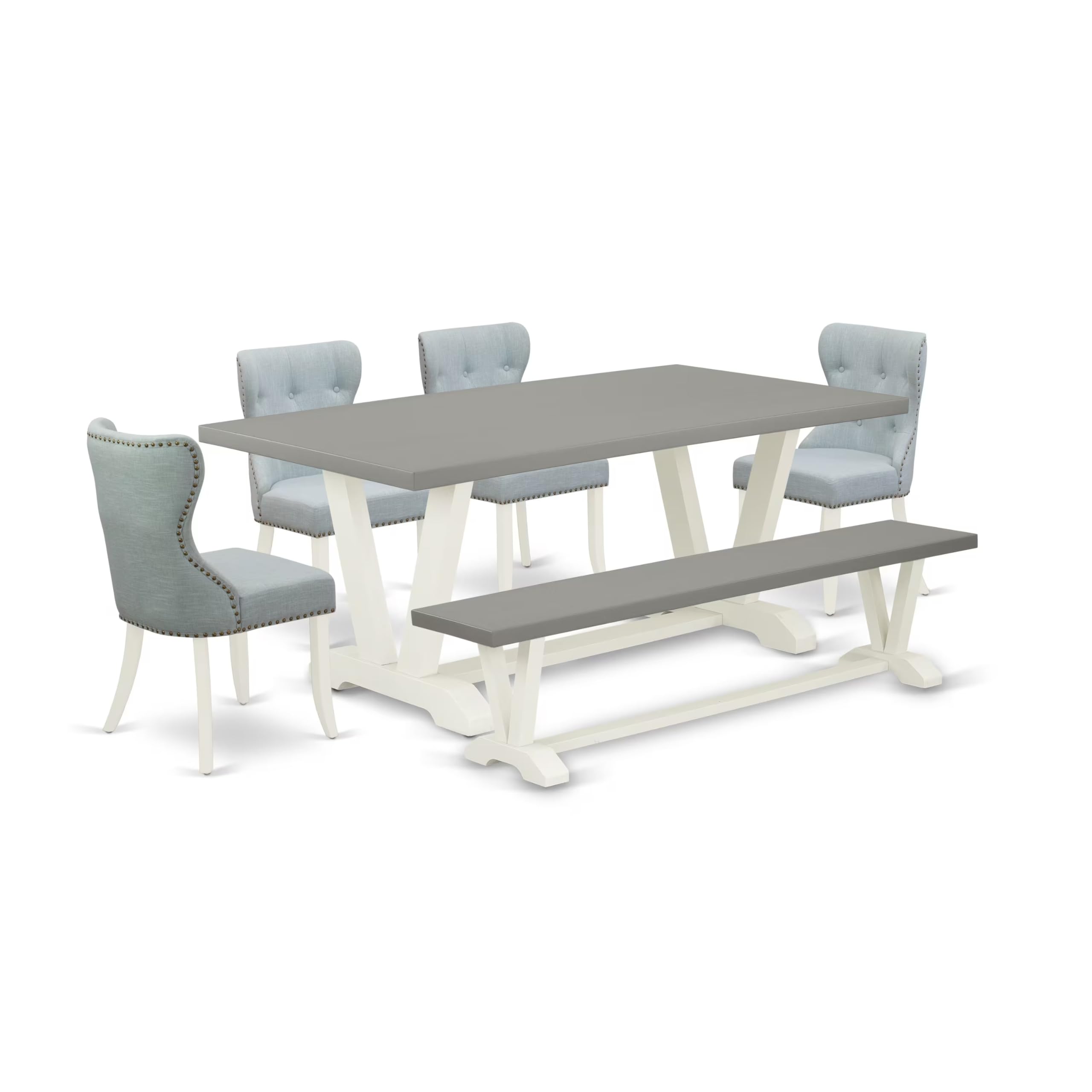 East West Furniture V097Si215-6 6 Piece Dining Room Table Set Contains A Rectangle Kitchen Table With V-Legs And 4 Baby Blue Linen Fabric Parson Chairs With A Bench, 40X72 Inch, Multi-Color