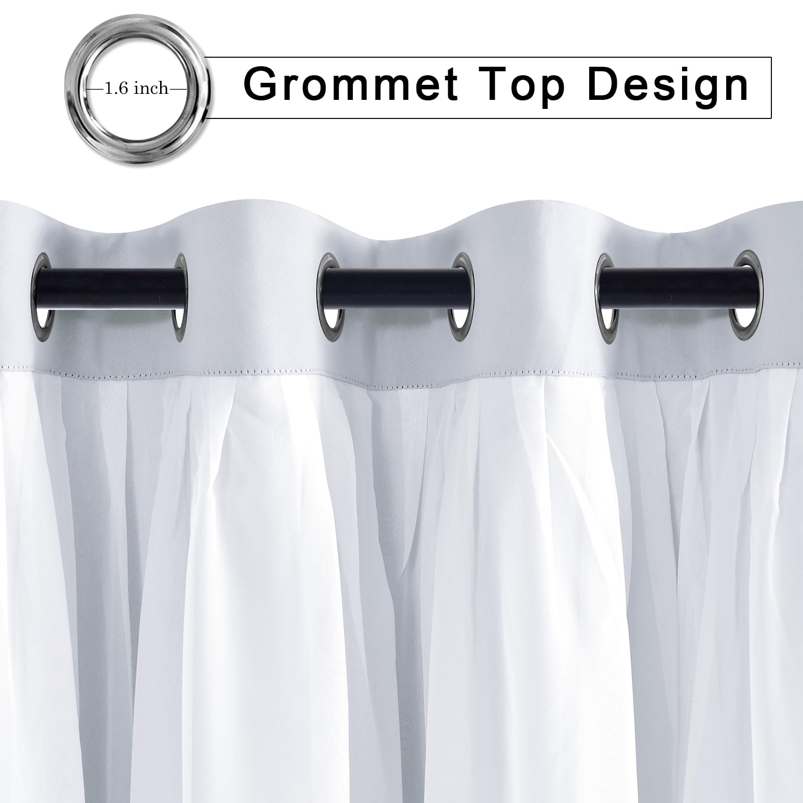 Hiasan Greyish White Blackout Curtains With Sheer, Thermal Insulated Privacy Double Layer Grommet Window Curtains For Bedroom, L