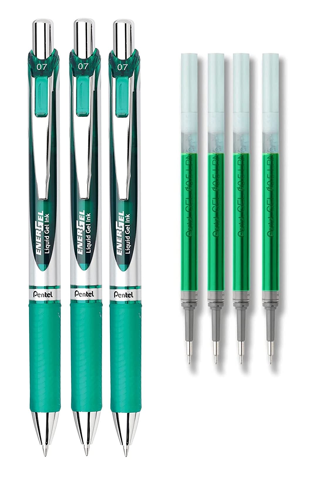 Pentel Energel Deluxe Rtx Liquid Gel Ink Pen Set Kit, Pack Of 3 With 4 Refills (Green - 0.7Mm)