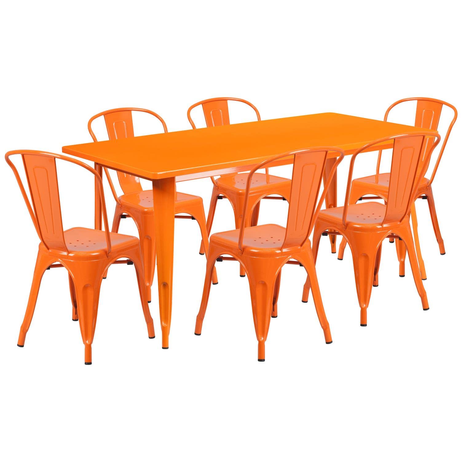 Flash Furniture Commercial Grade 31.5" x 63" Rectangular Orange Metal Indoor-Outdoor Table Set with 6 Stack Chairs
