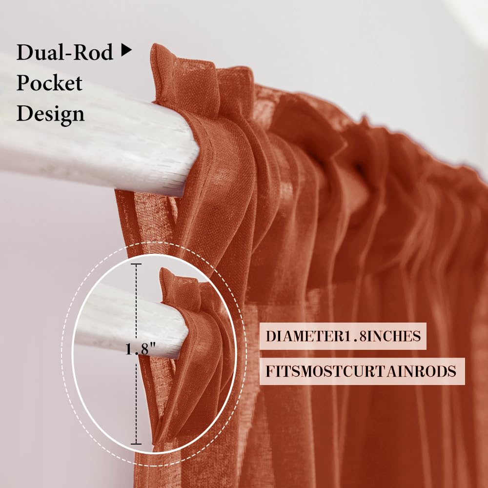 Miulee Terracotta Linen Textured Sheer Curtains 2 Panels For Bedroom/Living Room Semi Transparent Voile Drapes Rust Boho Farmhouse Fall Decor Window Panels Rod Pocket, W 54 X L 72 Inches Long