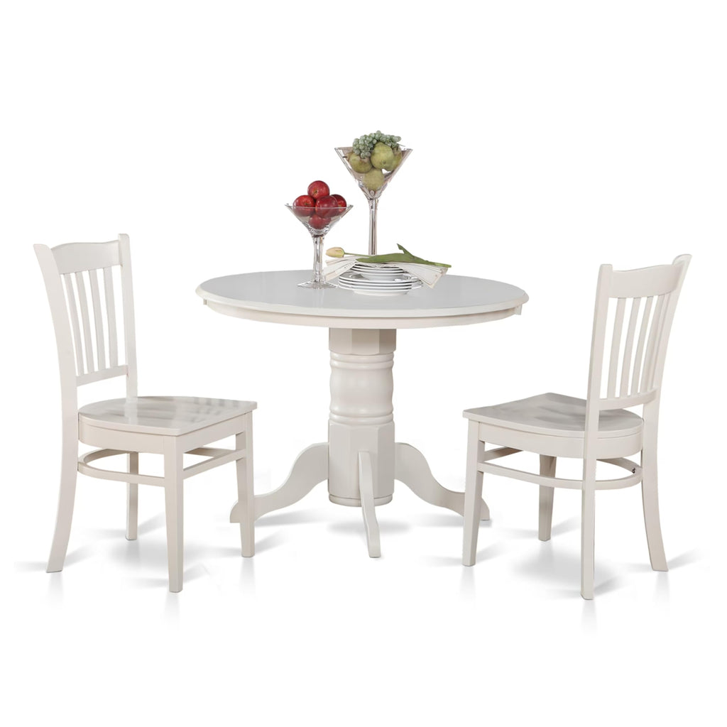 East West Furniture SHGR3-WHI-W 3 Piece Dining Room Table Set Contains a Round Kitchen Table with Pedestal and 2 Dining Chairs, 42x42 Inch, Linen White