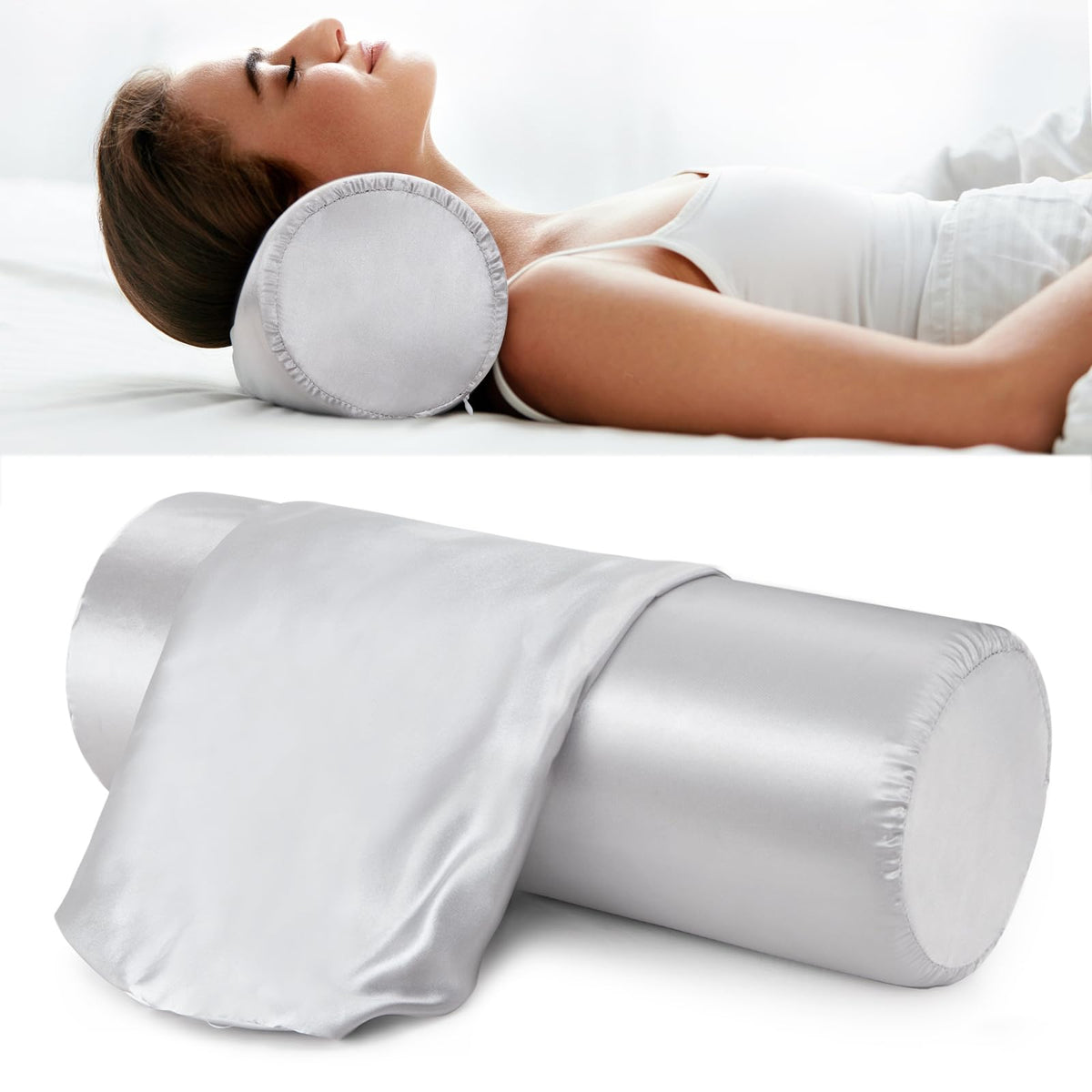 Noverlife 2 Pack 16X6 In Satin Neck Bolster Pillow Covers, Grey Neck Roll Pillow Case Covers With Zipper Soft Silky Round Neck P
